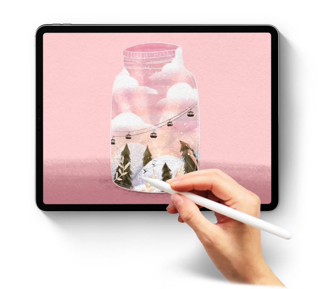 Mockup en iPad y mano dibujando de Ilustración digital de frasco encantado