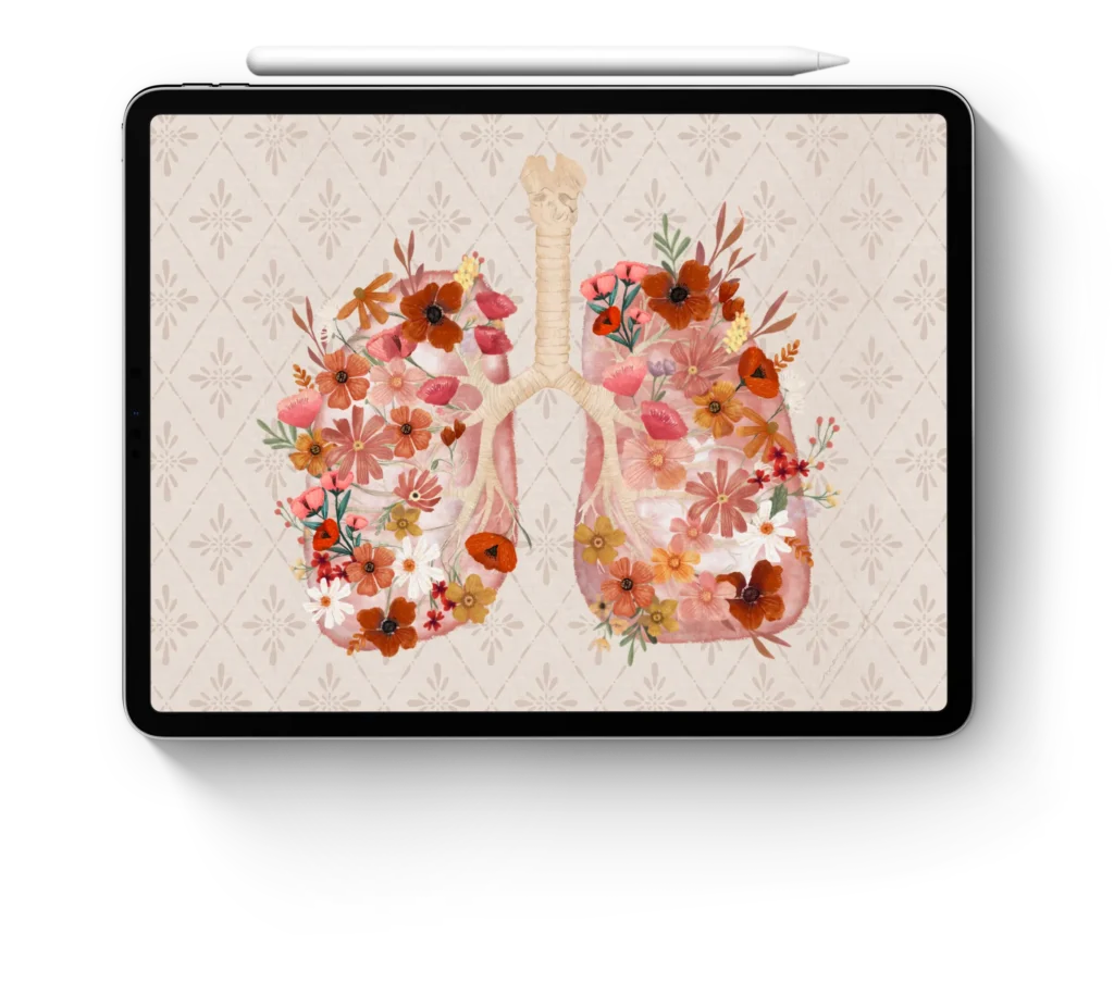 Mockup en iPad de Ilustración de pulmones con flores
