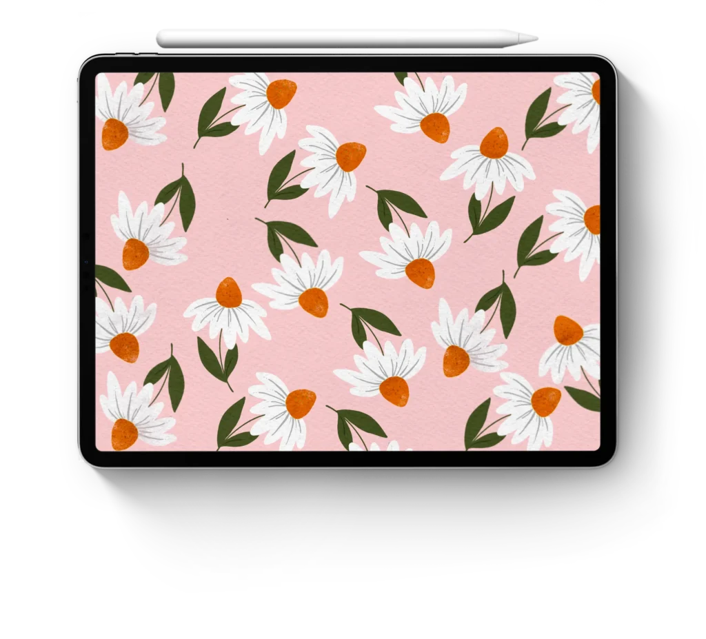 Mockup en iPad de ilustración digital de flores blancas en fondo rosado
