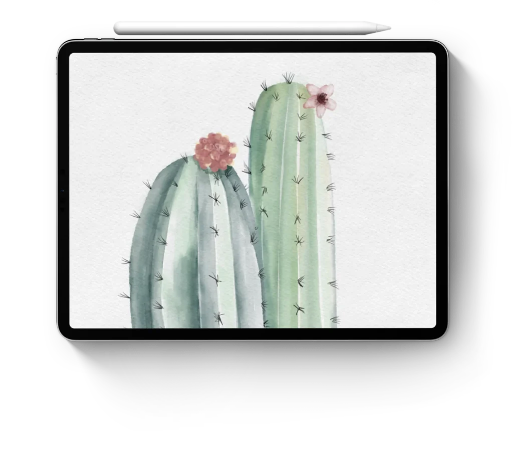 Mockup en iPad de ilustración digital de cactus pintados en estilo acuarela